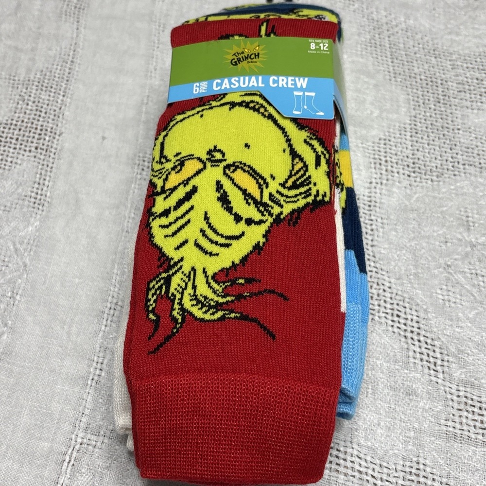 Grinch Dr Seus Socks Men's Casual Crew Socks 6 Pairs Mens Size 8-12 Bioworld NEW